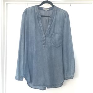Joan Vass Denim Chambray Popover Split Neck Blouse